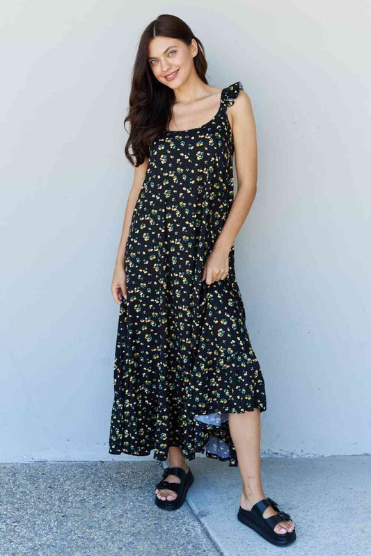 Doublju In The Garden Ruffle Floral Maxi Dress in  Black Yellow Floral Print on any thing USA/STOD clothes