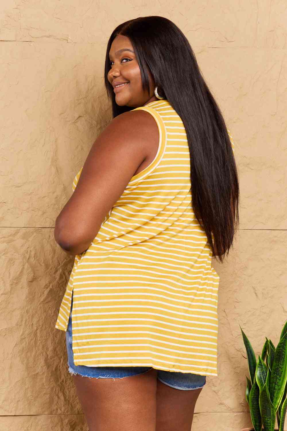 Doublju Talk To Me Full Size Striped Sleeveless V-Neck Top Print on any thing USA/STOD clothes