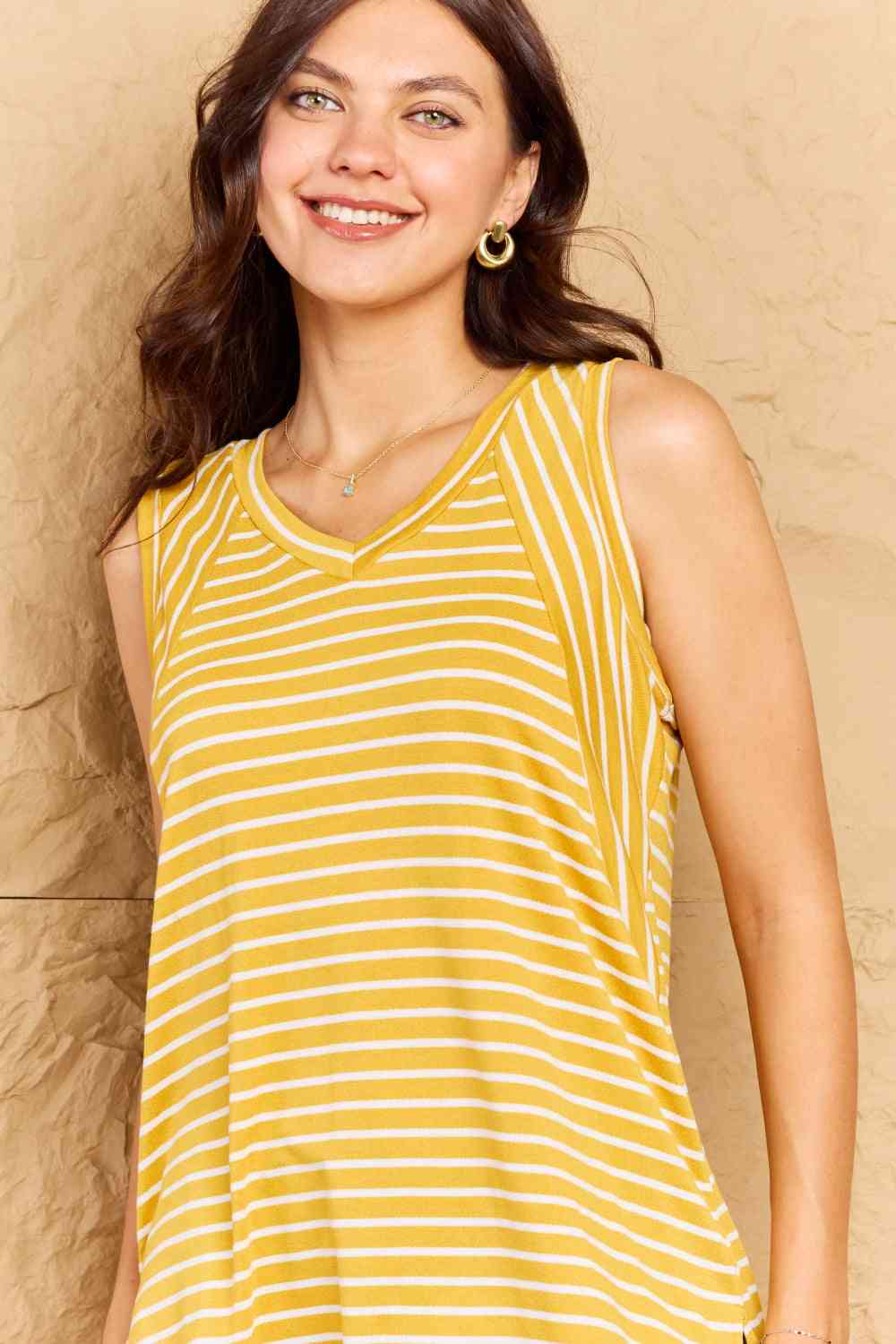 Doublju Talk To Me Full Size Striped Sleeveless V-Neck Top Print on any thing USA/STOD clothes