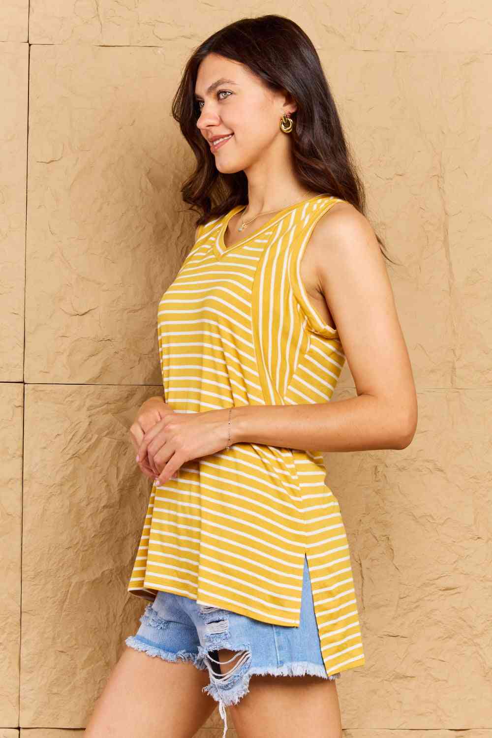 Doublju Talk To Me Full Size Striped Sleeveless V-Neck Top Print on any thing USA/STOD clothes