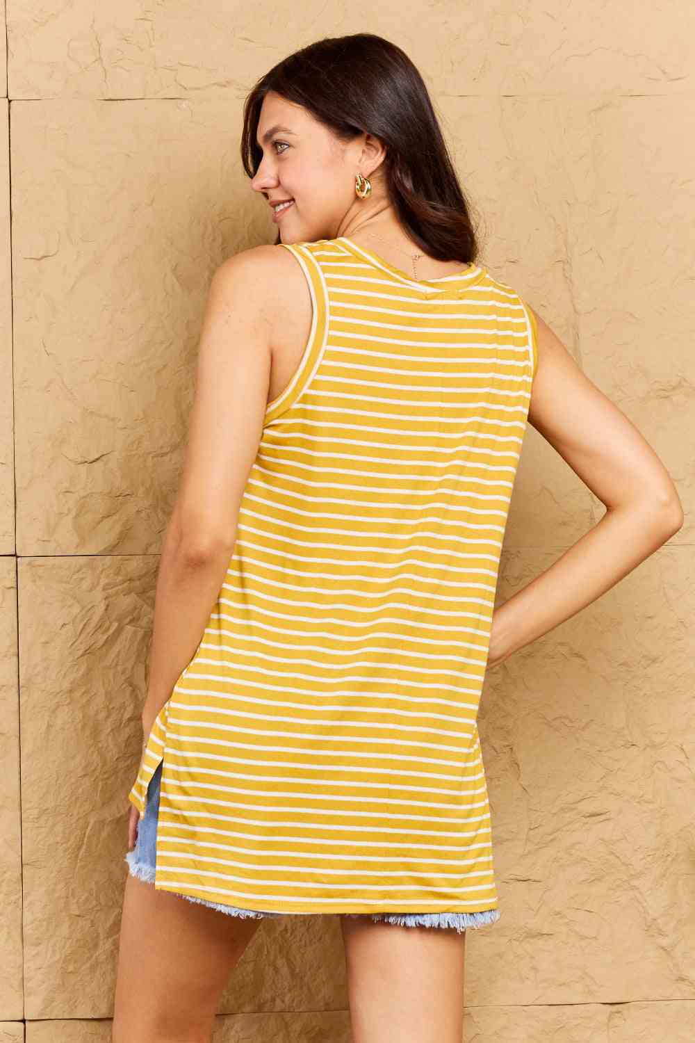 Doublju Talk To Me Full Size Striped Sleeveless V-Neck Top Print on any thing USA/STOD clothes