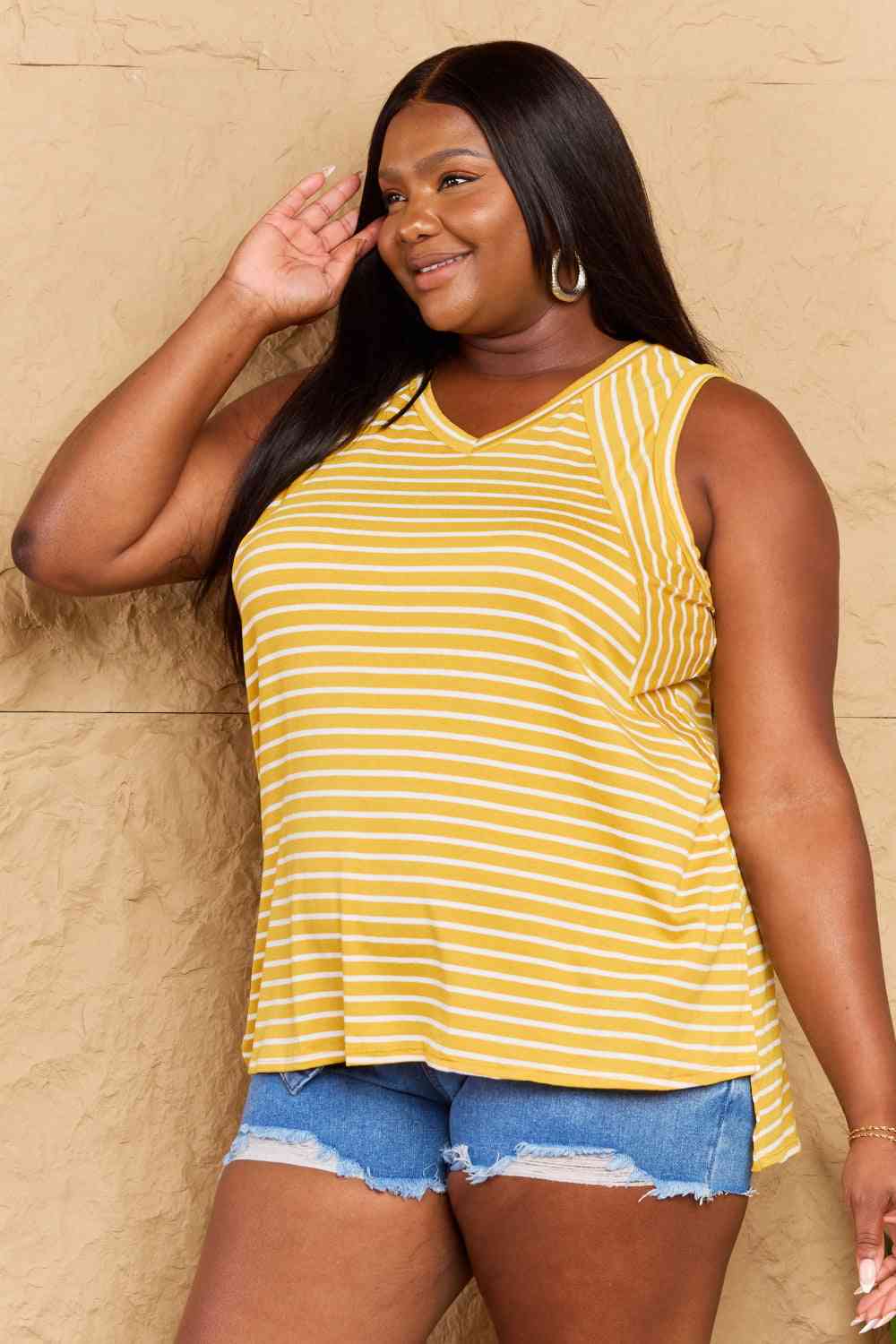 Doublju Talk To Me Full Size Striped Sleeveless V-Neck Top Print on any thing USA/STOD clothes