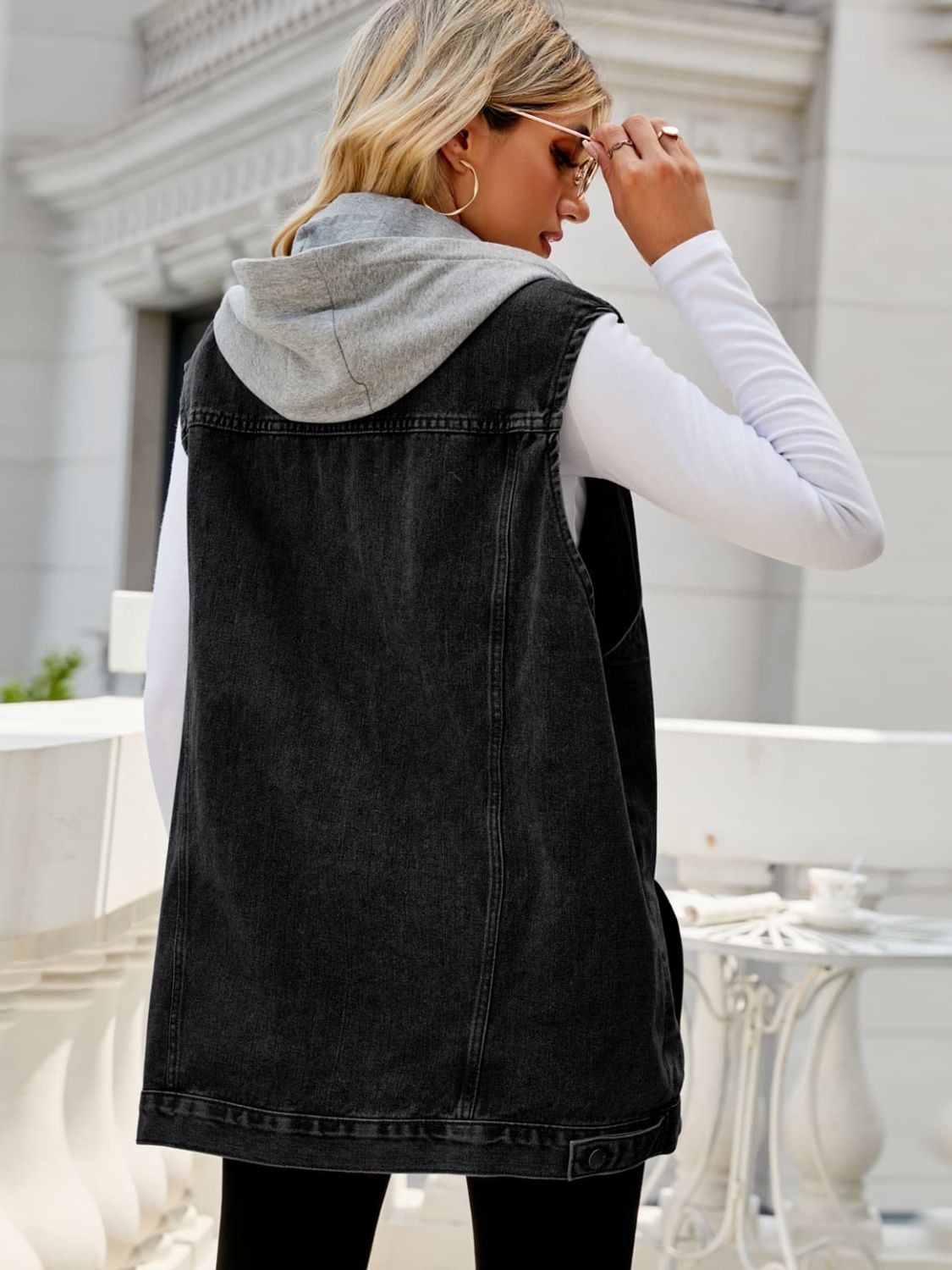 Drawstring Hooded Sleeveless Denim Top with Pockets Print on any thing USA/STOD clothes