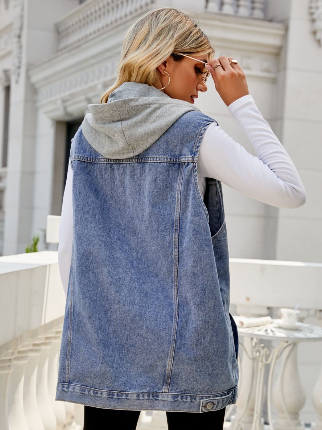 Drawstring Hooded Sleeveless Denim Top with Pockets Print on any thing USA/STOD clothes
