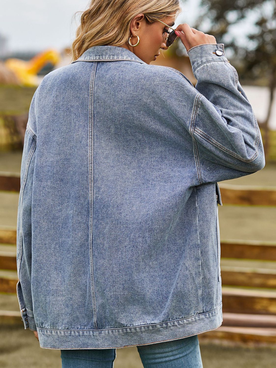 Dropped Shoulder Denim Jacket with Pockets Print on any thing USA/STOD clothes