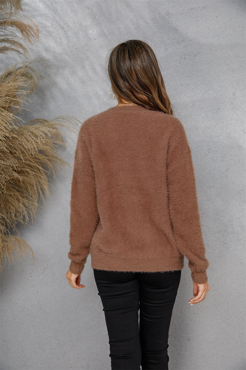 Dropped Shoulder Round Neck Fuzzy Sweater Print on any thing USA/STOD clothes