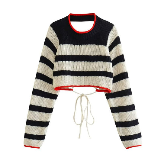 Black and White Striped Backless Knit Bolero Sweater