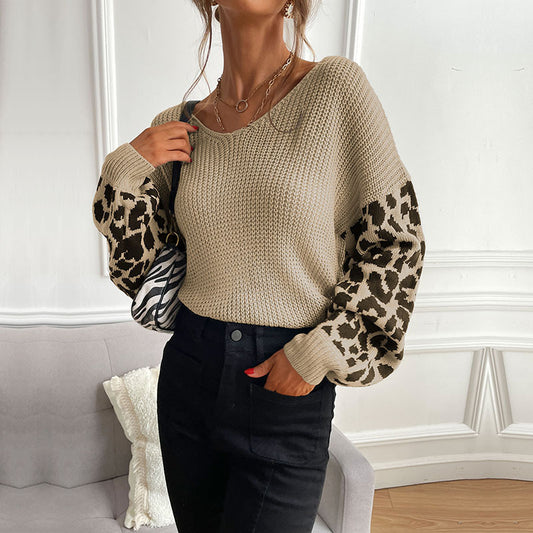 Women's thin round neck leopard print splicing sweater