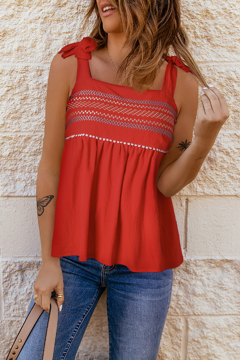 Embroidered Tie-Shoulder Babydoll Tank Print on any thing USA/STOD clothes