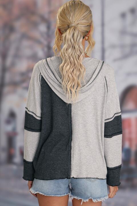 Exposed Seam Color Block Hoodie with Drawstring Print on any thing USA/STOD clothes