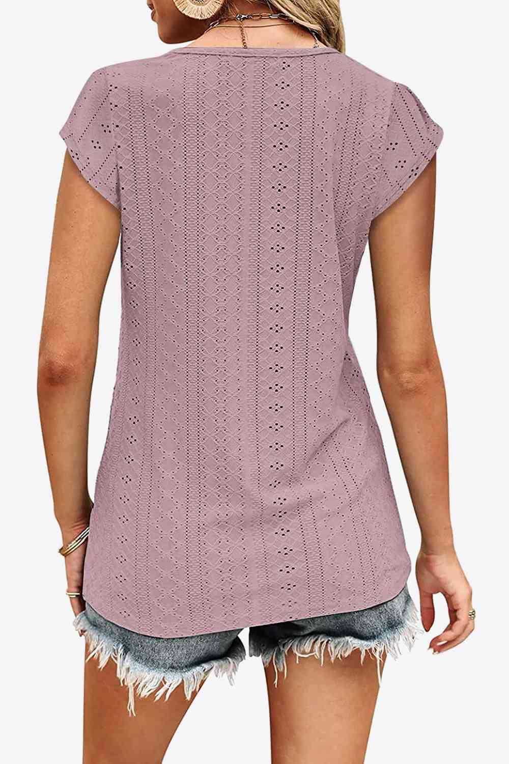 Eyelet Contrast V-Neck Tee Print on any thing USA/STOD clothes