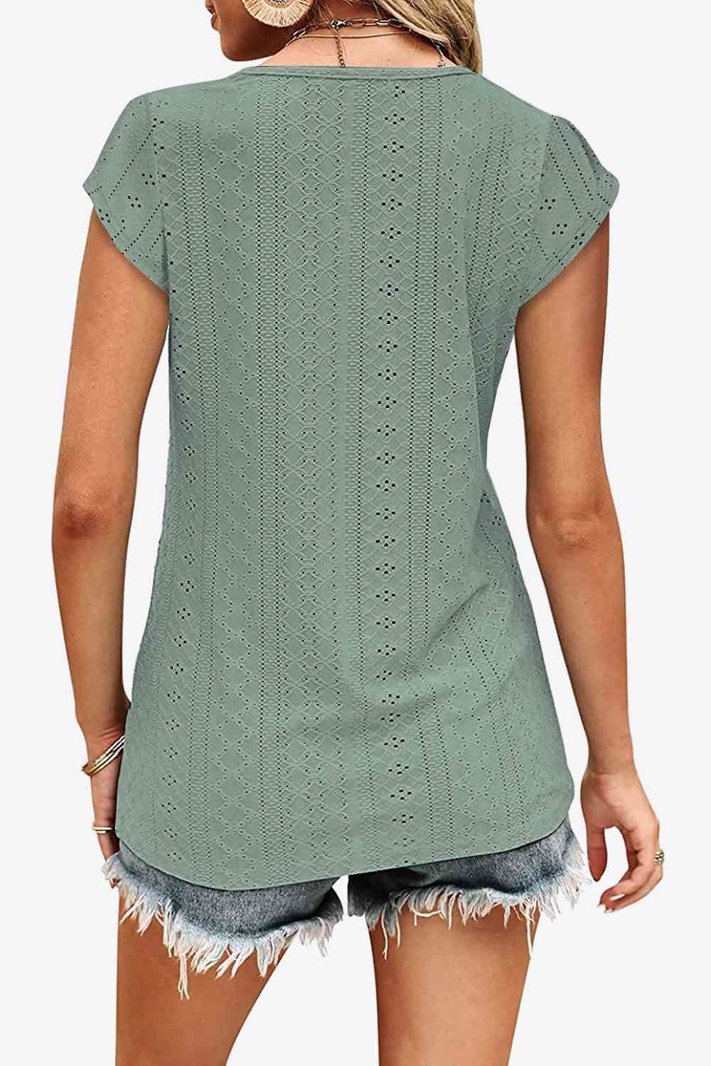 Eyelet Contrast V-Neck Tee Print on any thing USA/STOD clothes