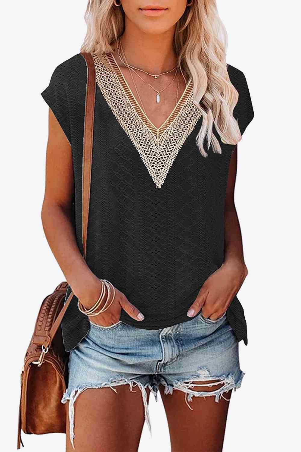 Eyelet Contrast V-Neck Tee Print on any thing USA/STOD clothes