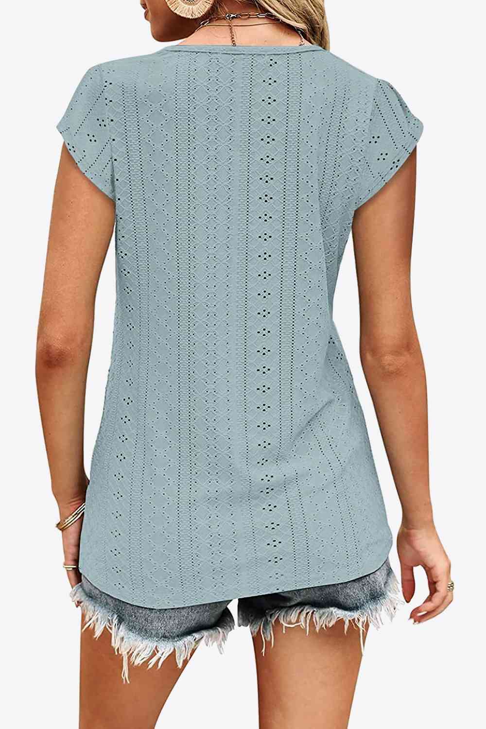 Eyelet Contrast V-Neck Tee Print on any thing USA/STOD clothes