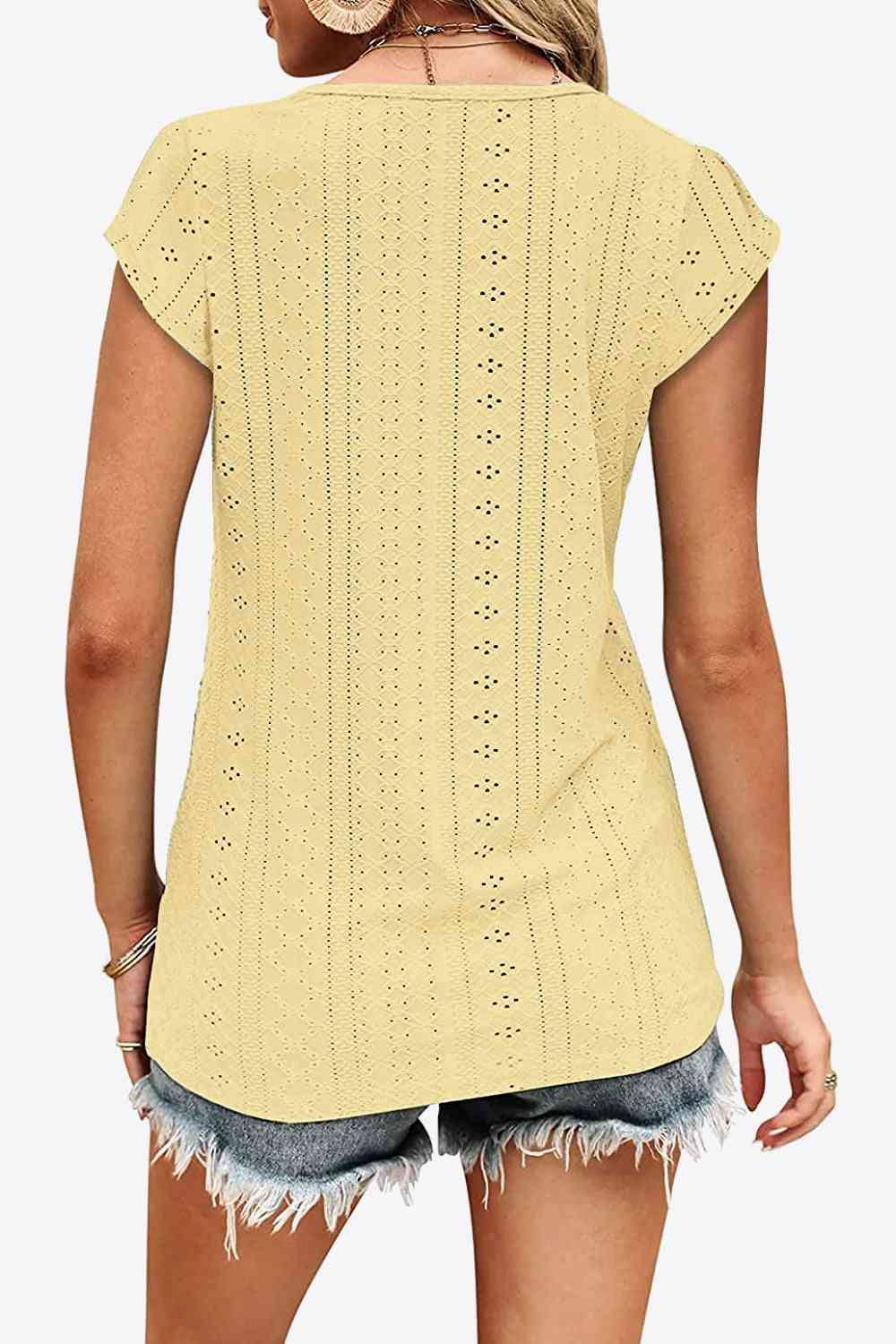 Eyelet Contrast V-Neck Tee Print on any thing USA/STOD clothes