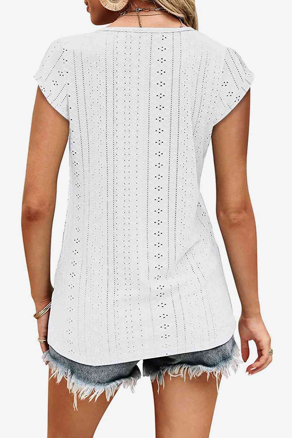 Eyelet Contrast V-Neck Tee Print on any thing USA/STOD clothes