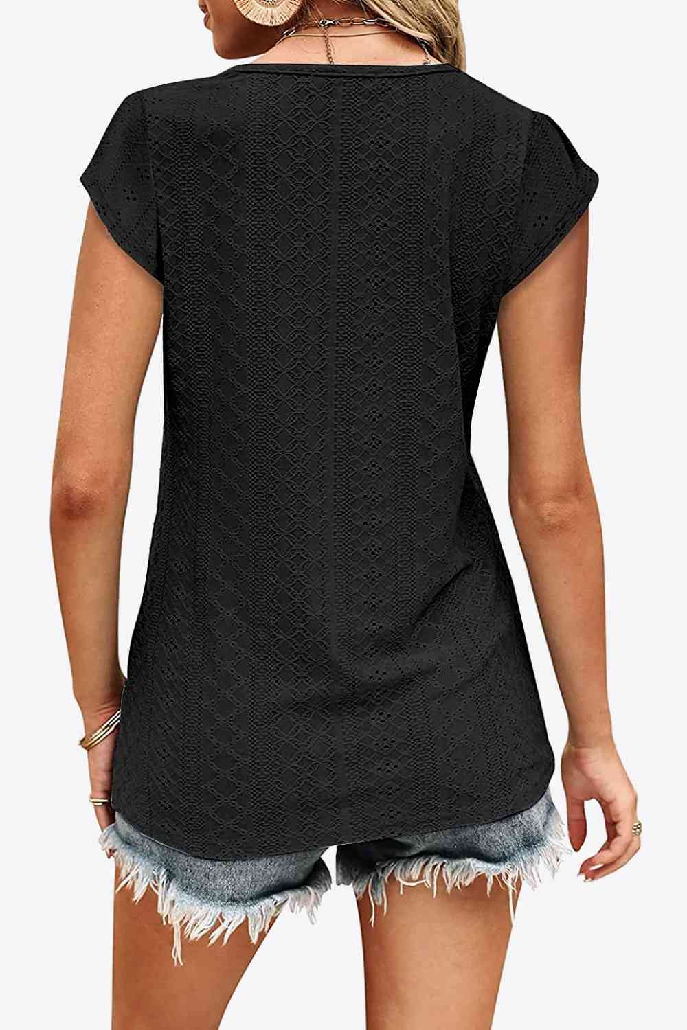 Eyelet Contrast V-Neck Tee Print on any thing USA/STOD clothes