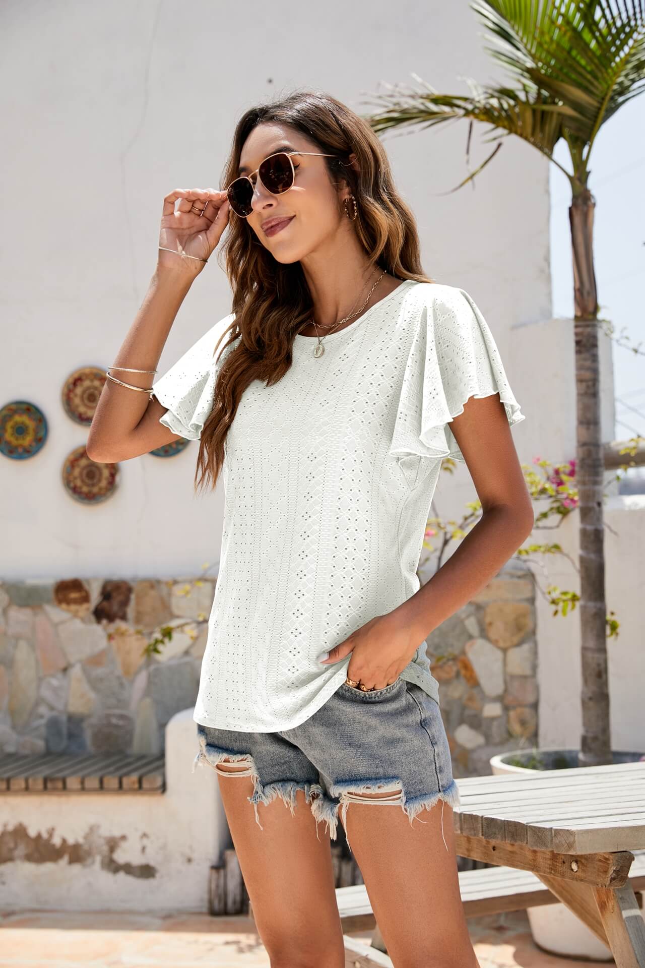 Eyelet Flutter Sleeve Short Sleeve Top Print on any thing USA/STOD clothes