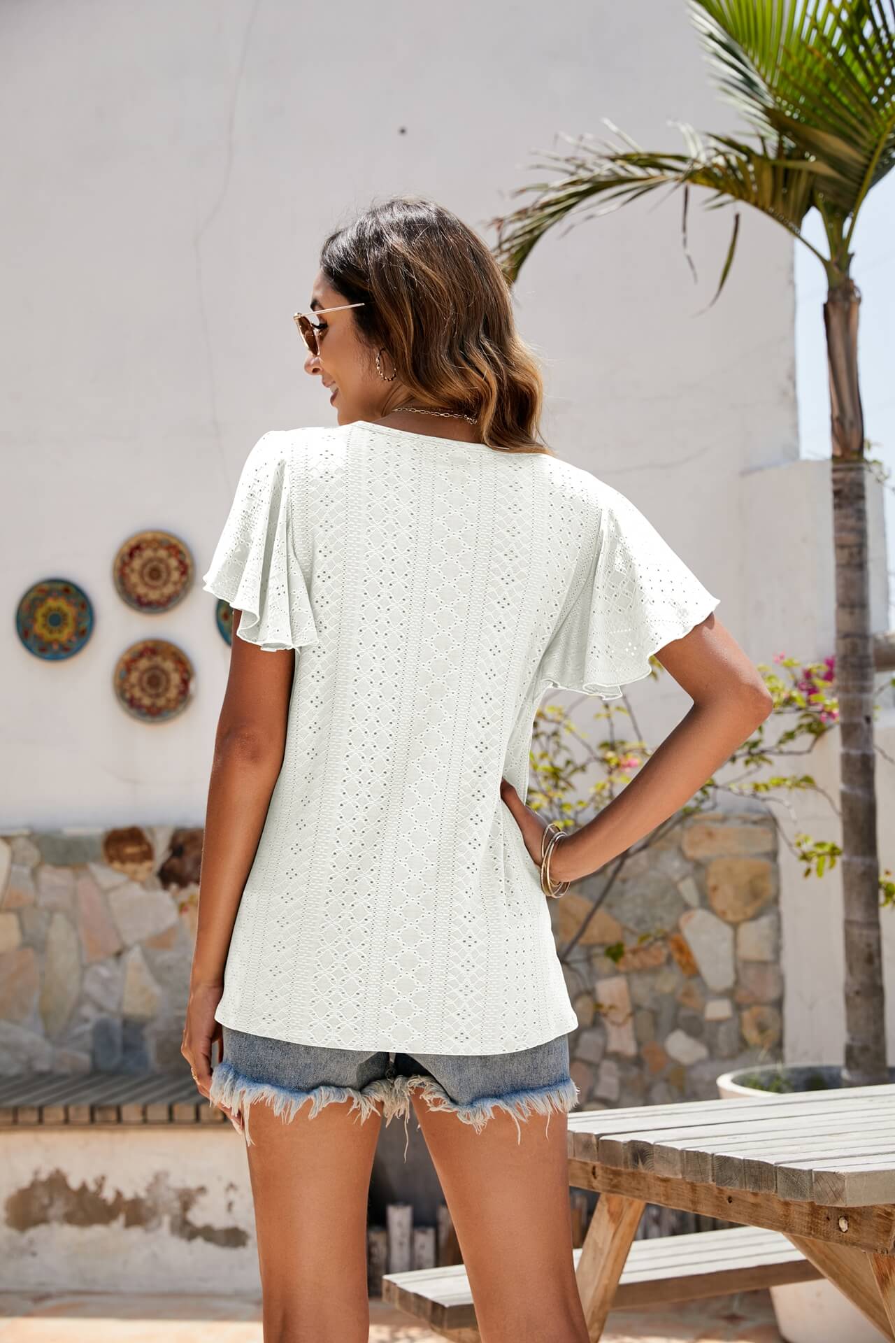Eyelet Flutter Sleeve Short Sleeve Top Print on any thing USA/STOD clothes