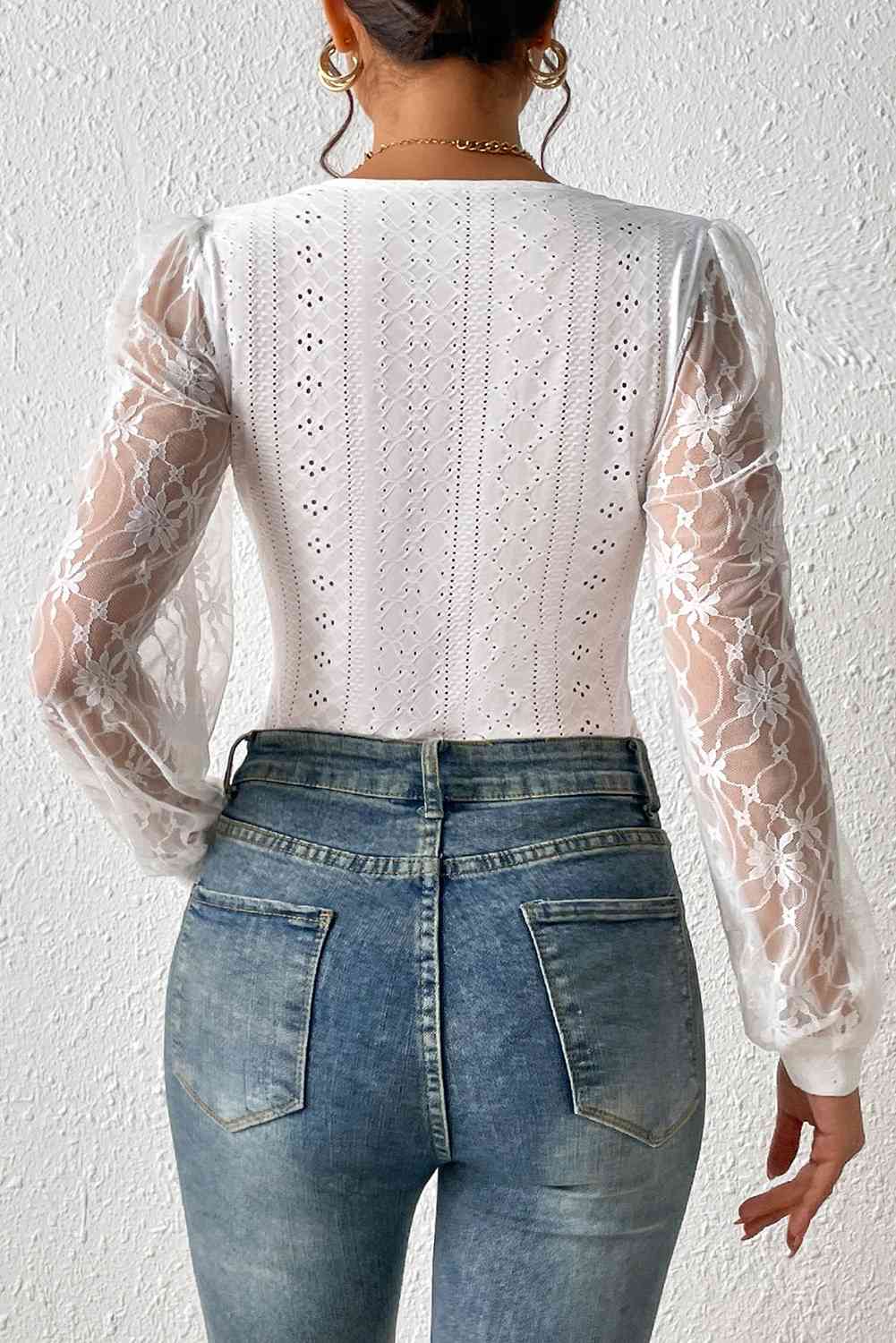 Eyelet Lace Detail Bodysuit Print on any thing USA/STOD clothes