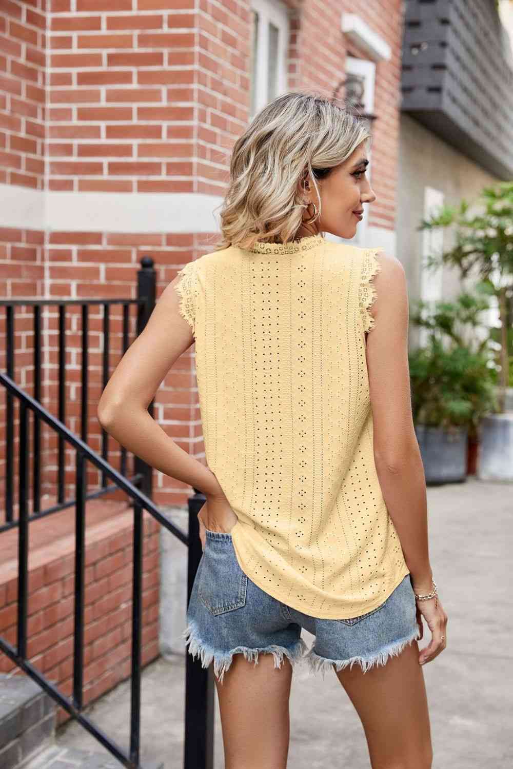 Eyelet Lace Trim Eyelash V-Neck Tank Print on any thing USA/STOD clothes