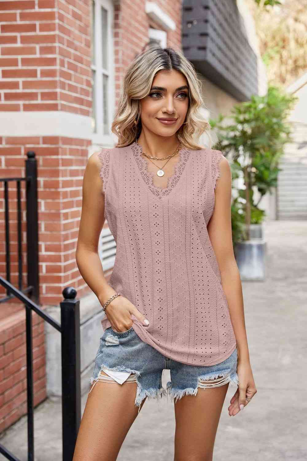 Eyelet Lace Trim Eyelash V-Neck Tank Print on any thing USA/STOD clothes