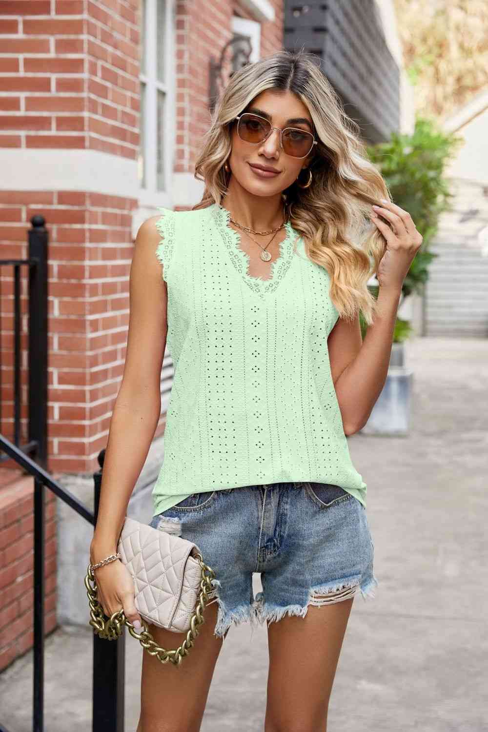 Eyelet Lace Trim Eyelash V-Neck Tank Print on any thing USA/STOD clothes