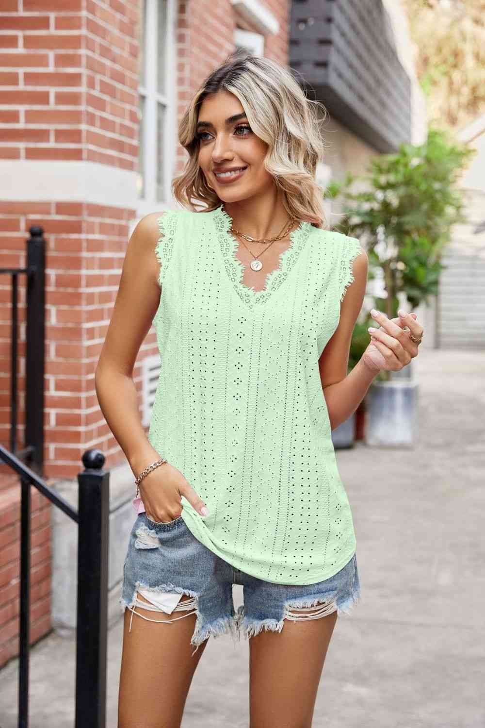 Eyelet Lace Trim Eyelash V-Neck Tank Print on any thing USA/STOD clothes