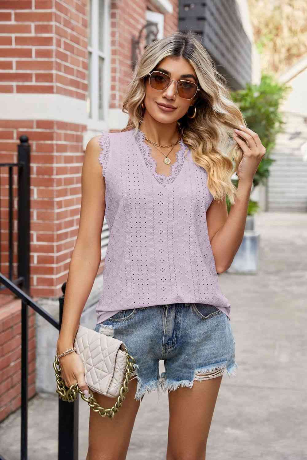 Eyelet Lace Trim Eyelash V-Neck Tank Print on any thing USA/STOD clothes