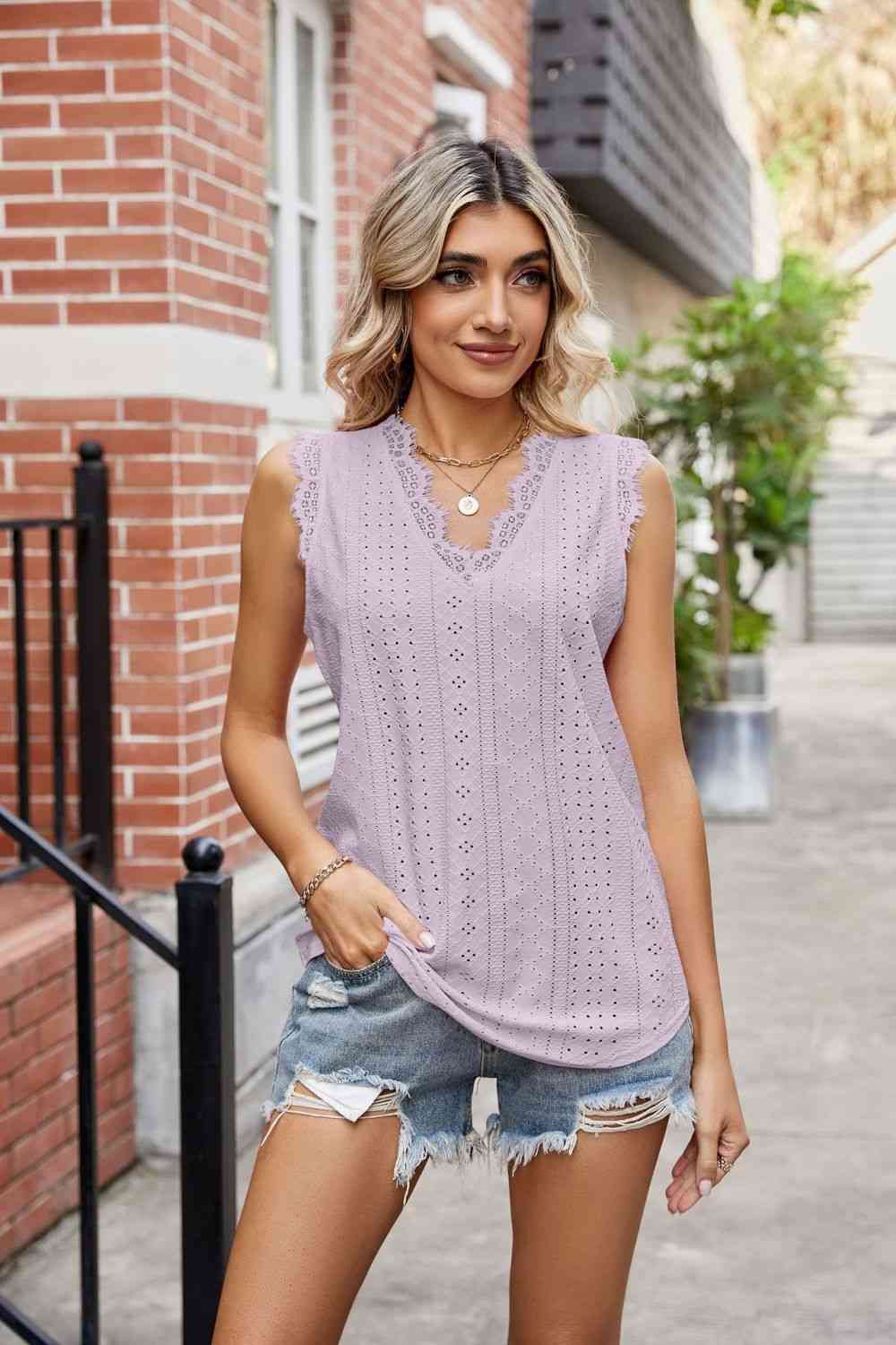 Eyelet Lace Trim Eyelash V-Neck Tank Print on any thing USA/STOD clothes