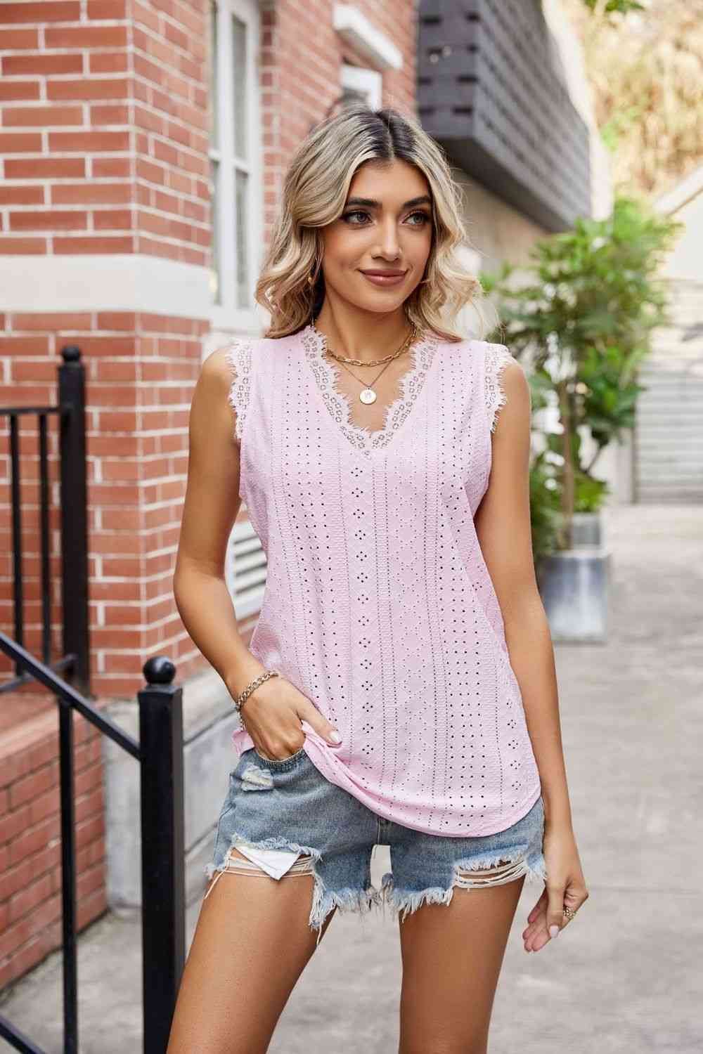 Eyelet Lace Trim Eyelash V-Neck Tank Print on any thing USA/STOD clothes