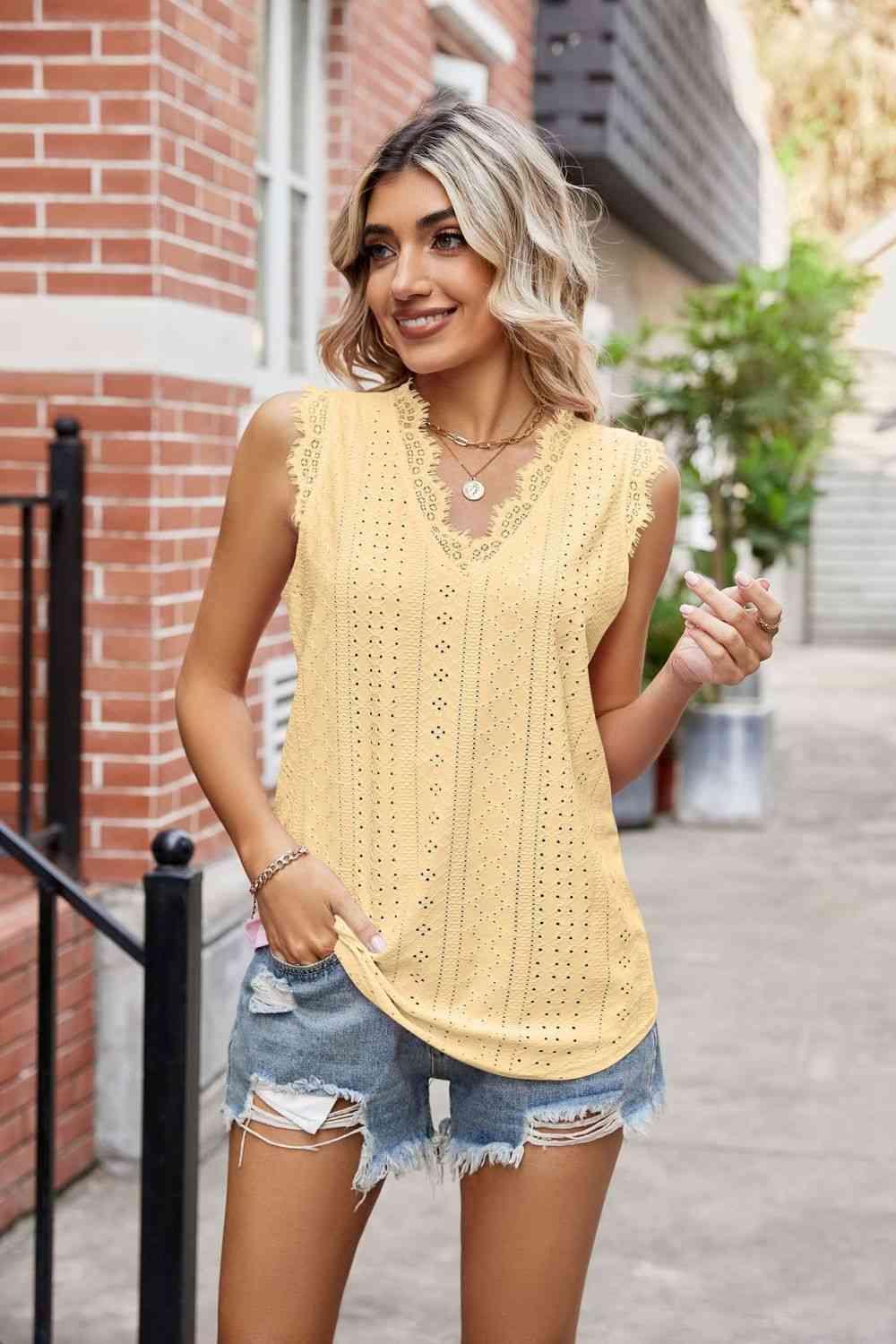 Eyelet Lace Trim Eyelash V-Neck Tank Print on any thing USA/STOD clothes