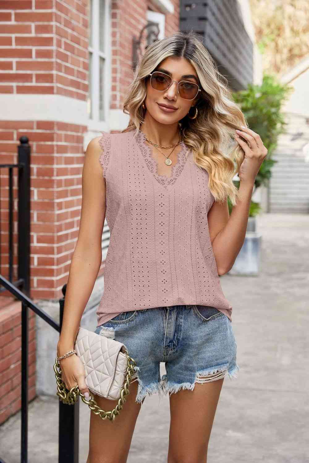 Eyelet Lace Trim Eyelash V-Neck Tank Print on any thing USA/STOD clothes