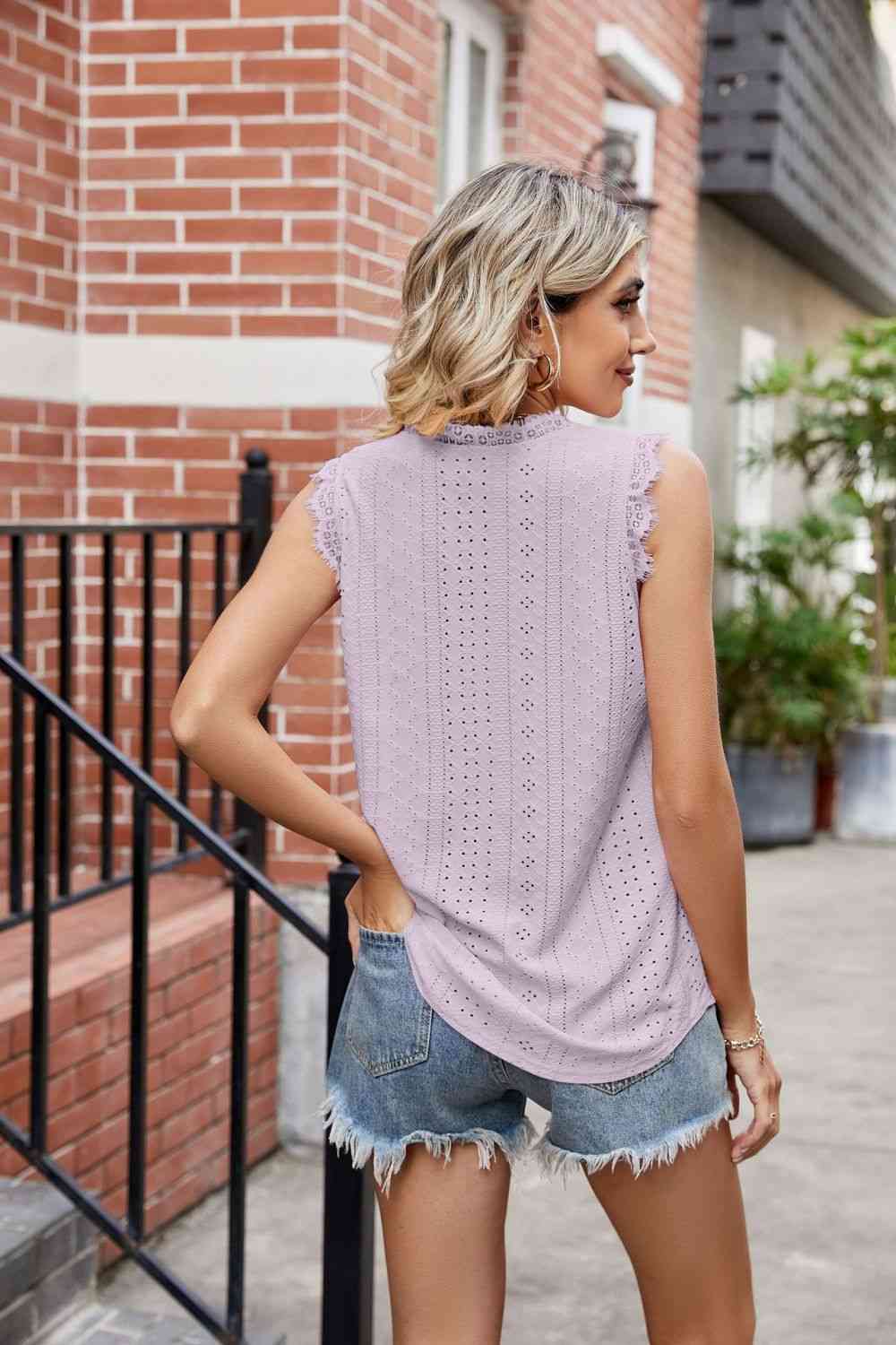 Eyelet Lace Trim Eyelash V-Neck Tank Print on any thing USA/STOD clothes