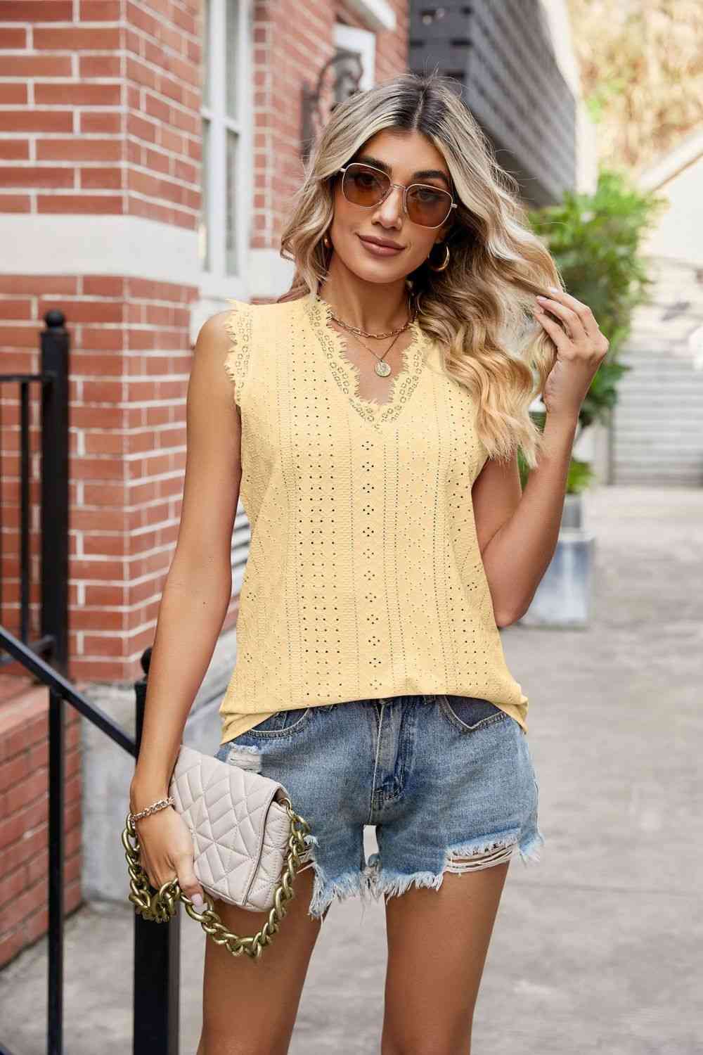 Eyelet Lace Trim Eyelash V-Neck Tank Print on any thing USA/STOD clothes