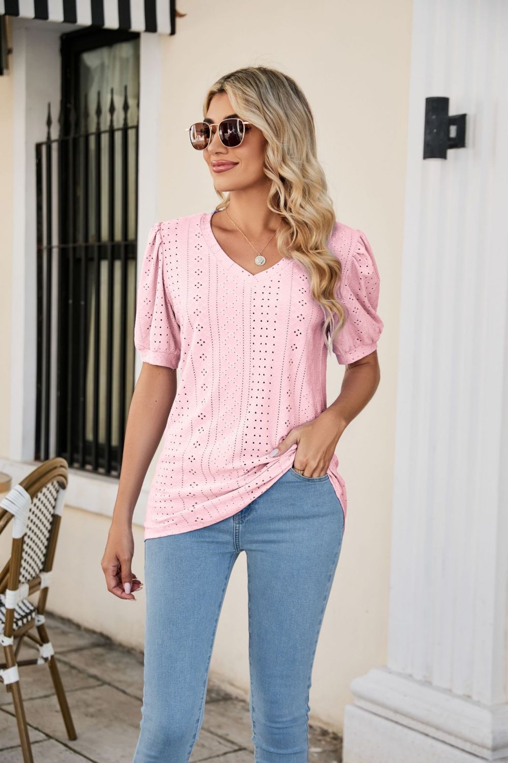 Eyelet Puff Sleeve V-Neck Top Print on any thing USA/STOD clothes