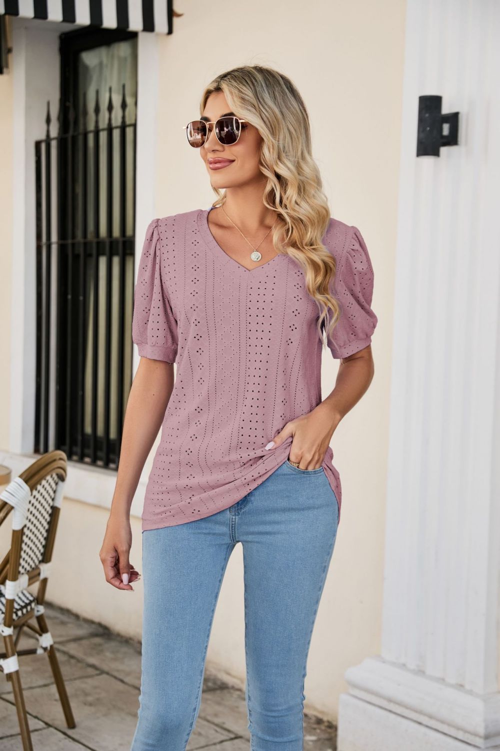 Eyelet Puff Sleeve V-Neck Top Print on any thing USA/STOD clothes