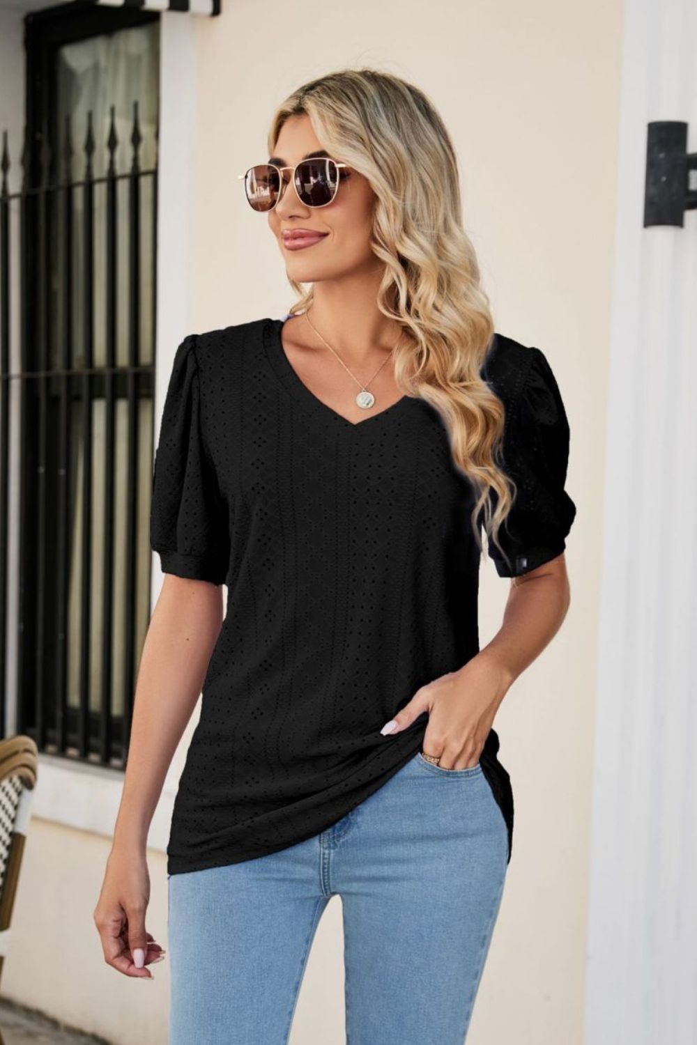 Eyelet Puff Sleeve V-Neck Top Print on any thing USA/STOD clothes