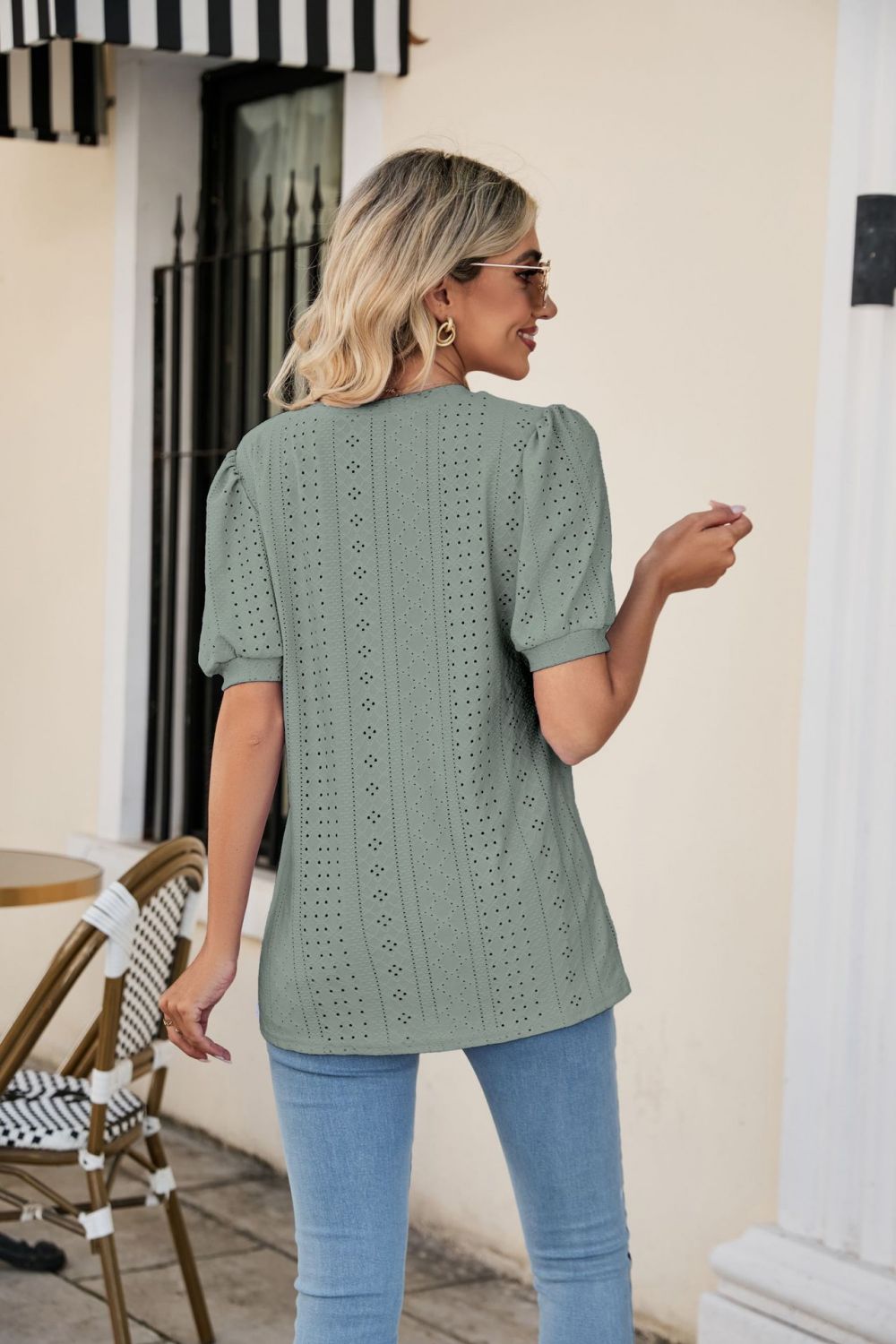 Eyelet Puff Sleeve V-Neck Top Print on any thing USA/STOD clothes