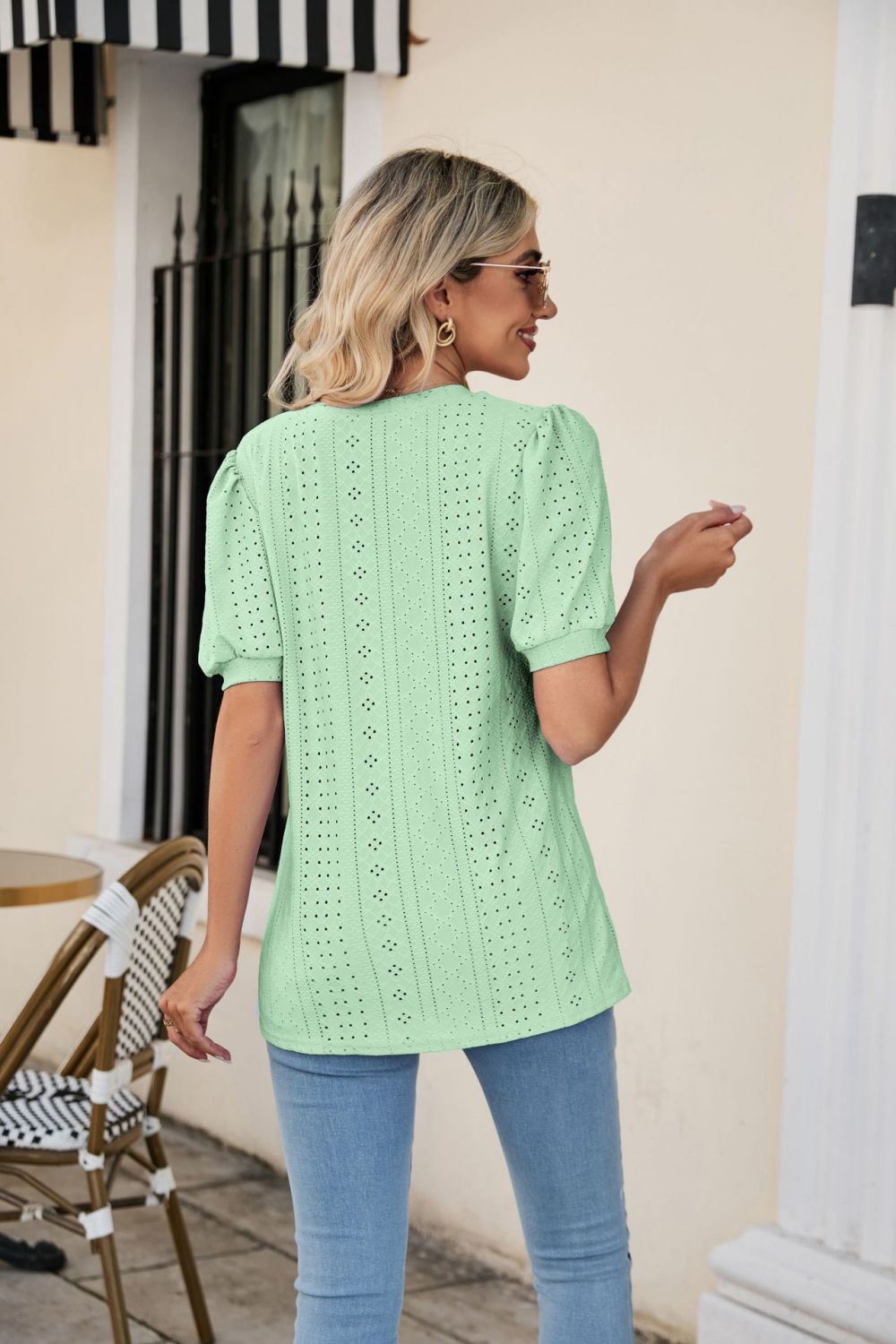 Eyelet Puff Sleeve V-Neck Top Print on any thing USA/STOD clothes