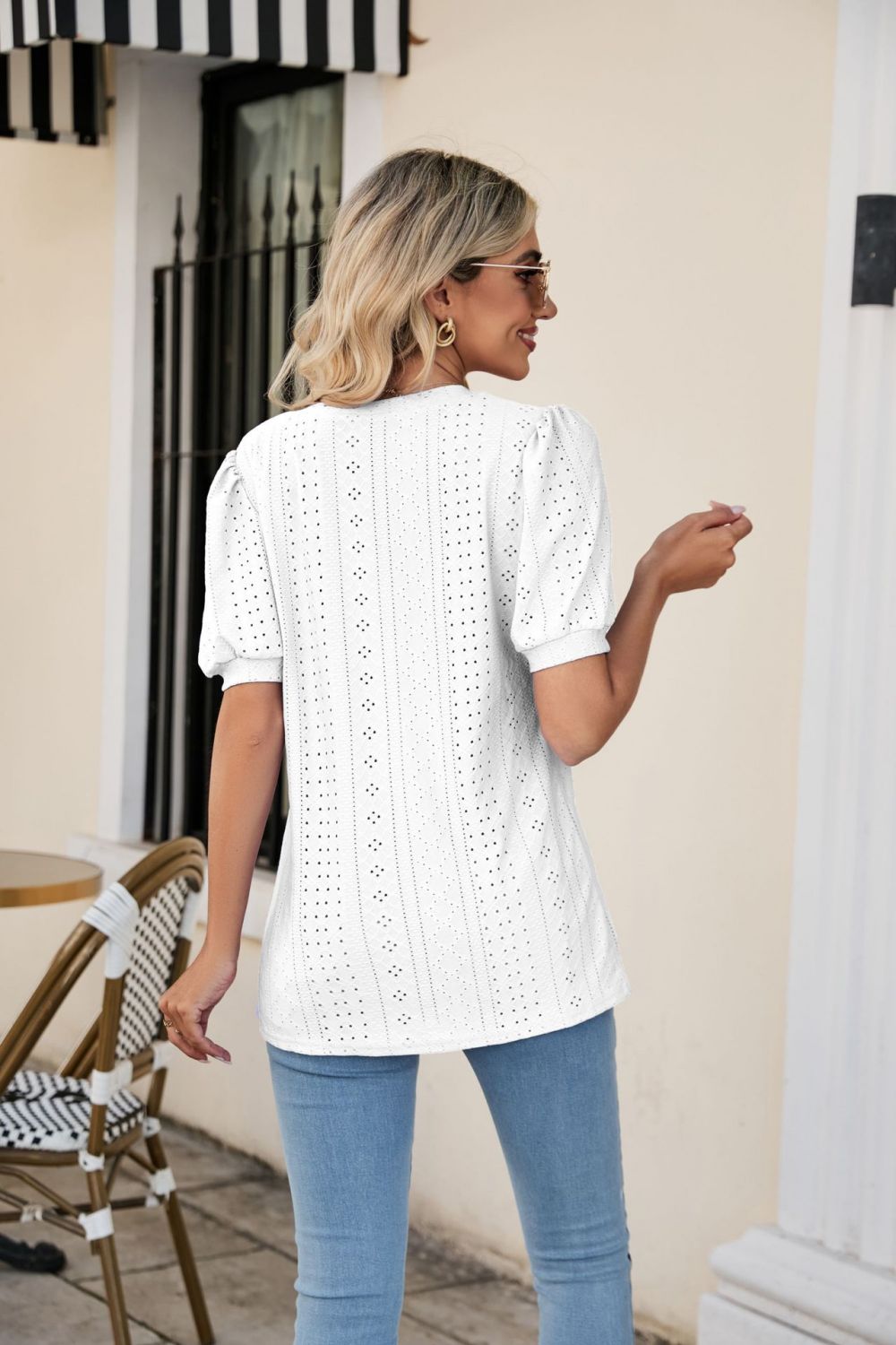 Eyelet Puff Sleeve V-Neck Top Print on any thing USA/STOD clothes