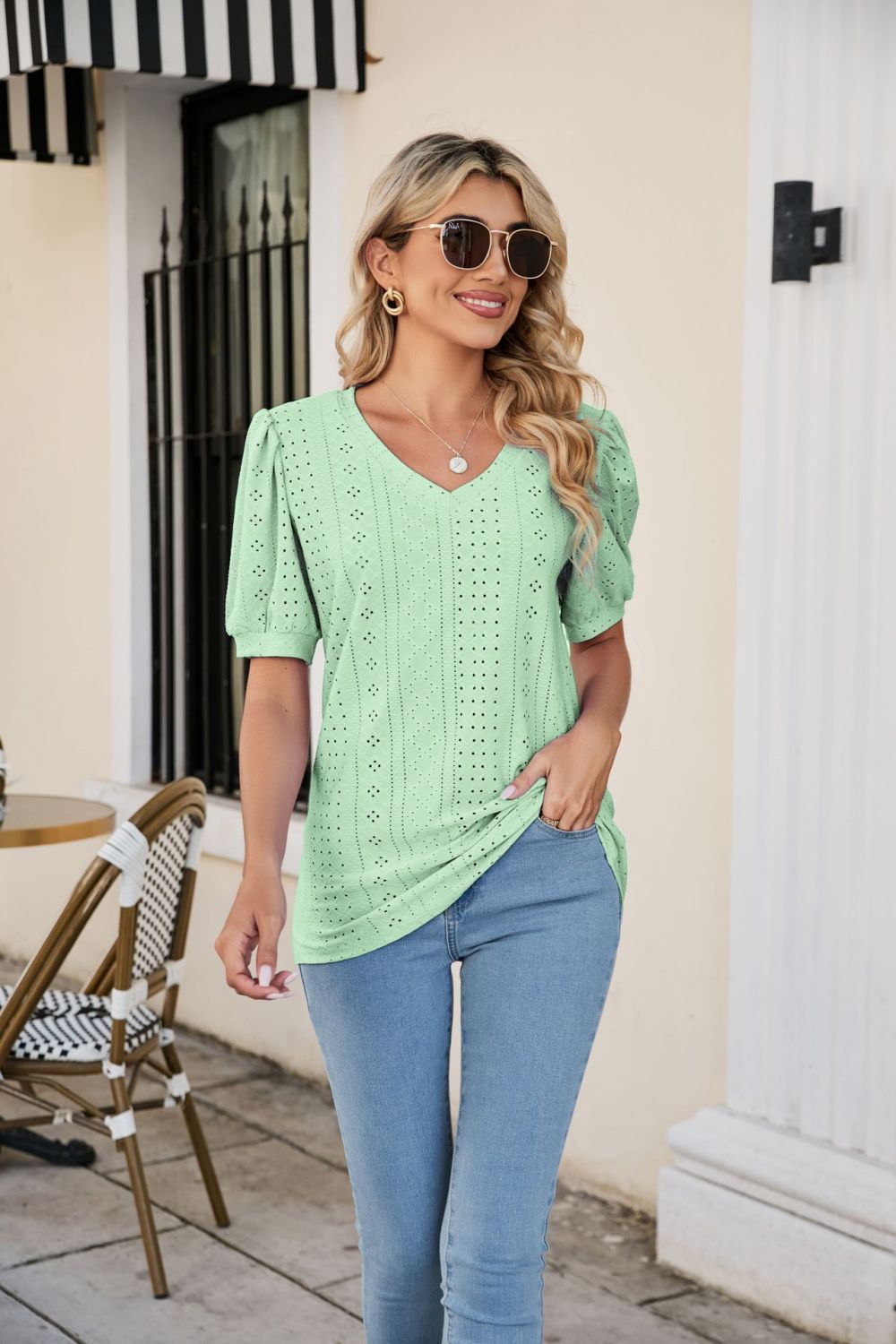 Eyelet Puff Sleeve V-Neck Top Print on any thing USA/STOD clothes