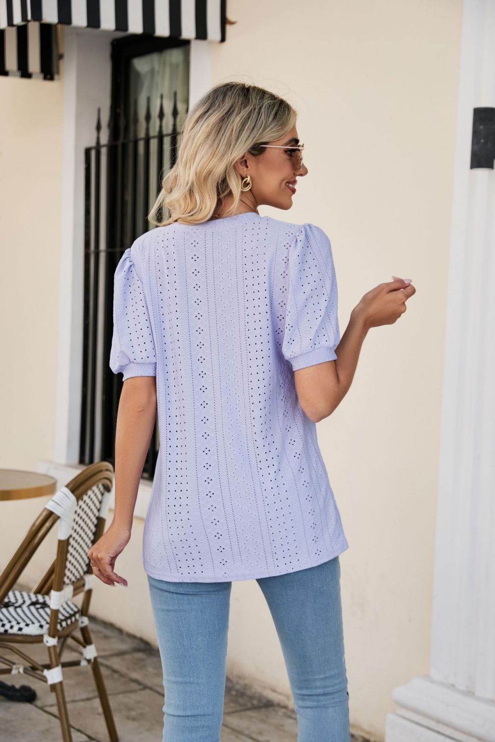 Eyelet Puff Sleeve V-Neck Top Print on any thing USA/STOD clothes