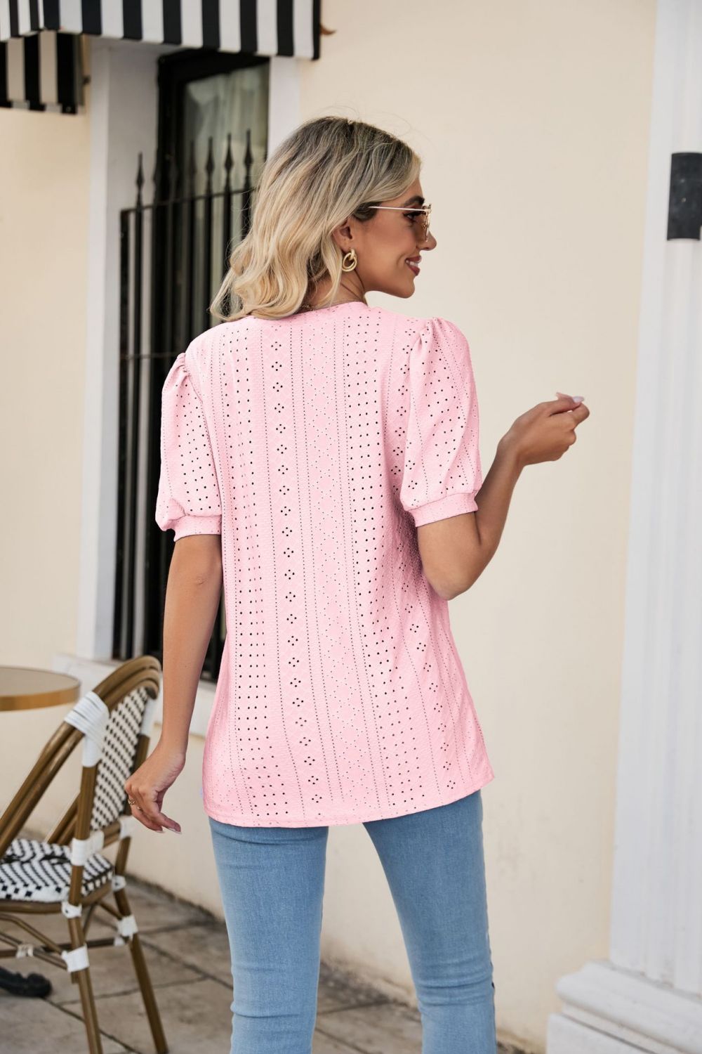 Eyelet Puff Sleeve V-Neck Top Print on any thing USA/STOD clothes