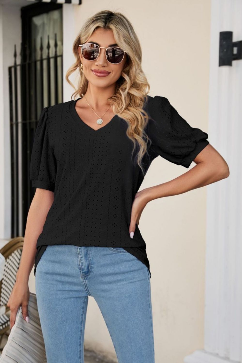 Eyelet Puff Sleeve V-Neck Top Print on any thing USA/STOD clothes