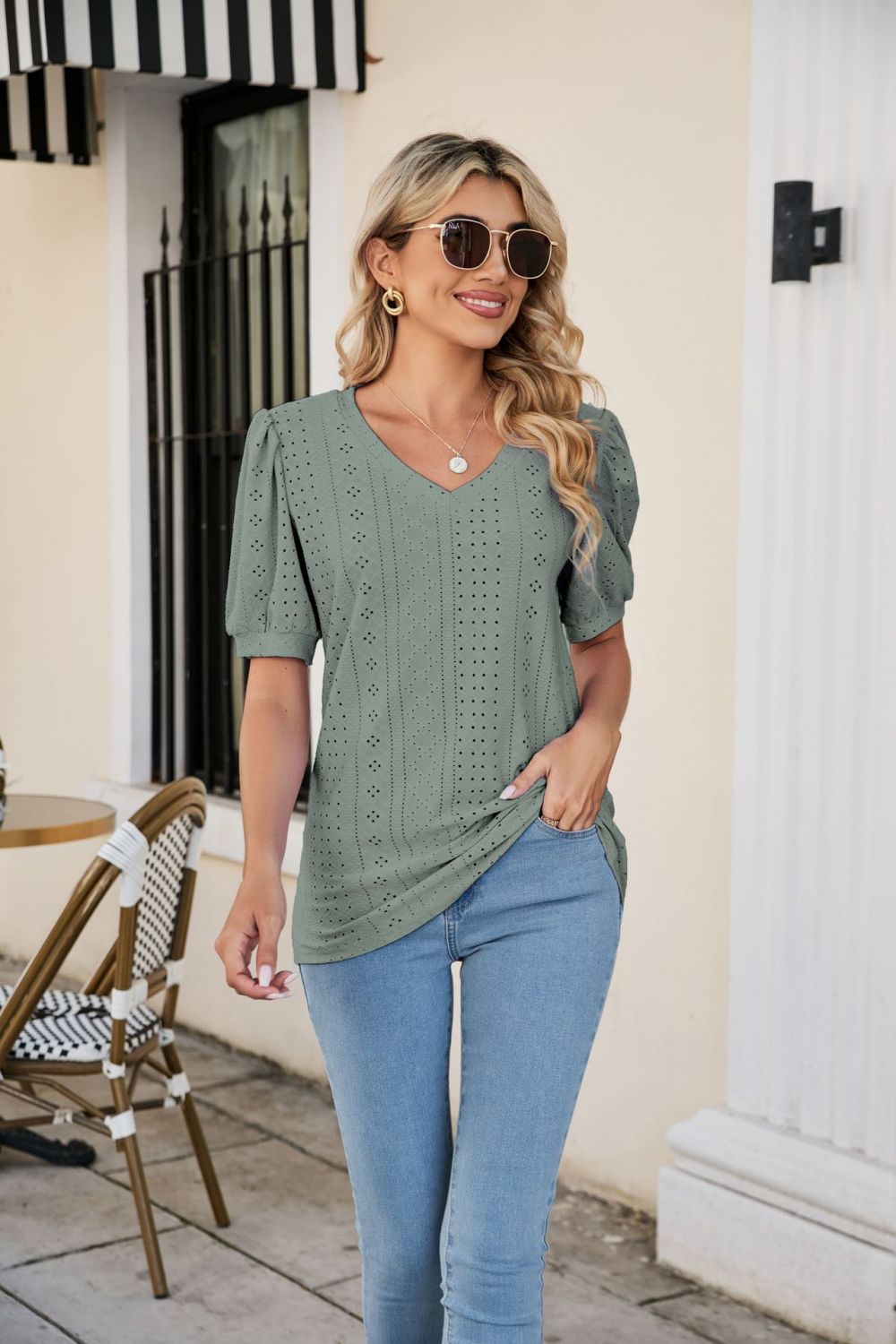 Eyelet Puff Sleeve V-Neck Top Print on any thing USA/STOD clothes