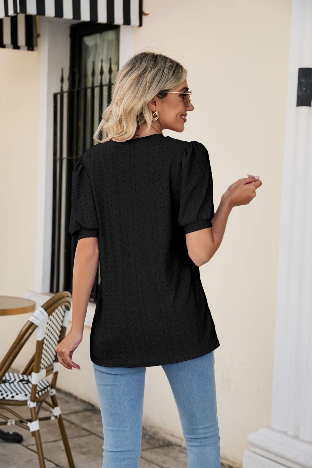 Eyelet Puff Sleeve V-Neck Top Print on any thing USA/STOD clothes