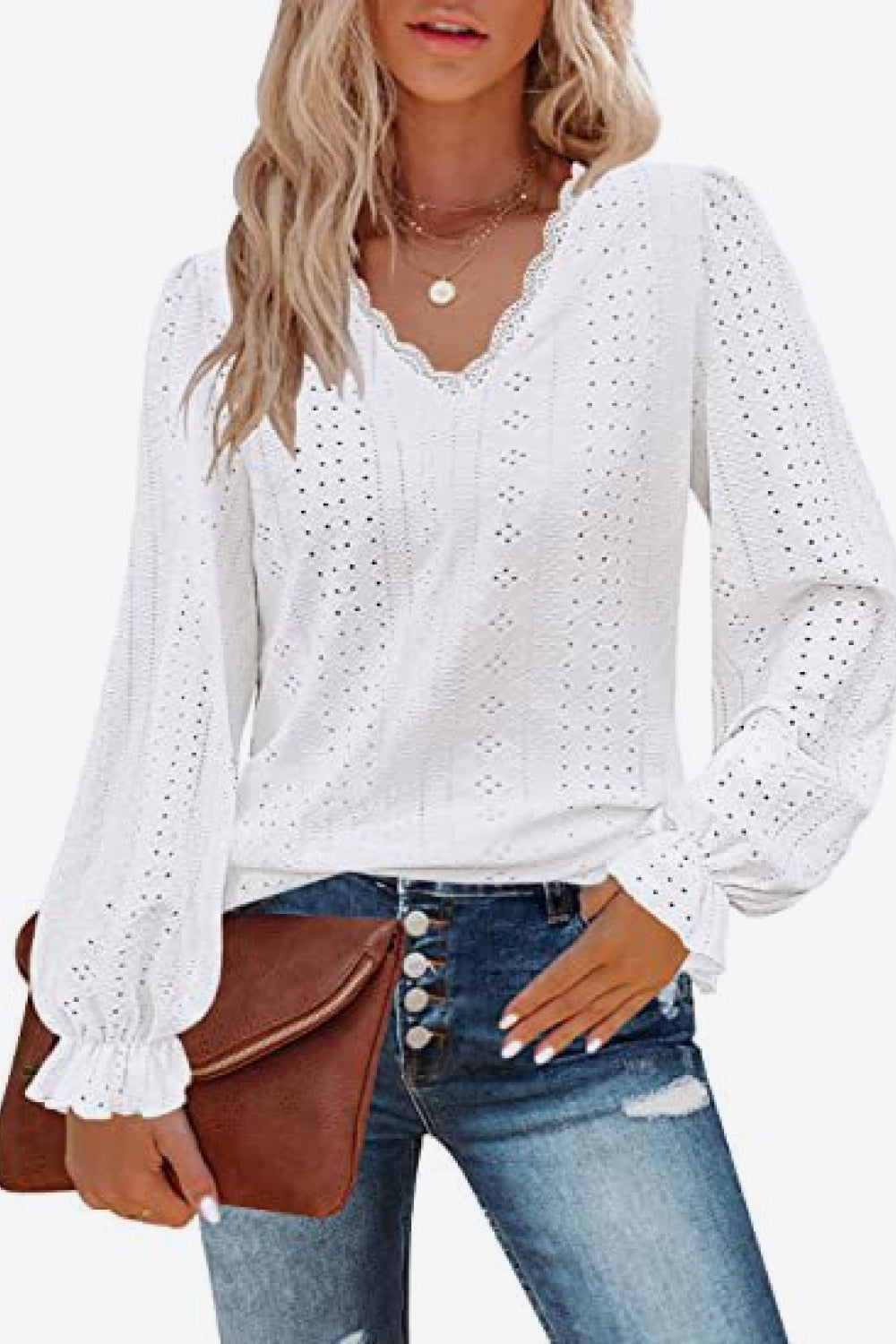 Eyelet V-Neck Flounce Sleeve Blouse Print on any thing USA/STOD clothes