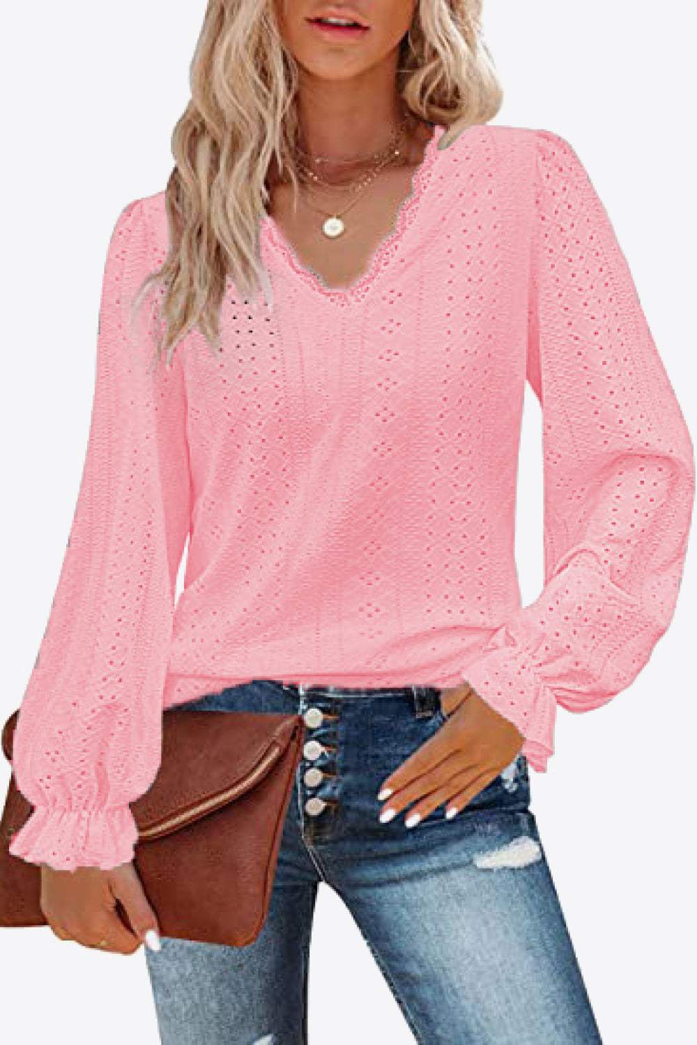 Eyelet V-Neck Flounce Sleeve Blouse Print on any thing USA/STOD clothes