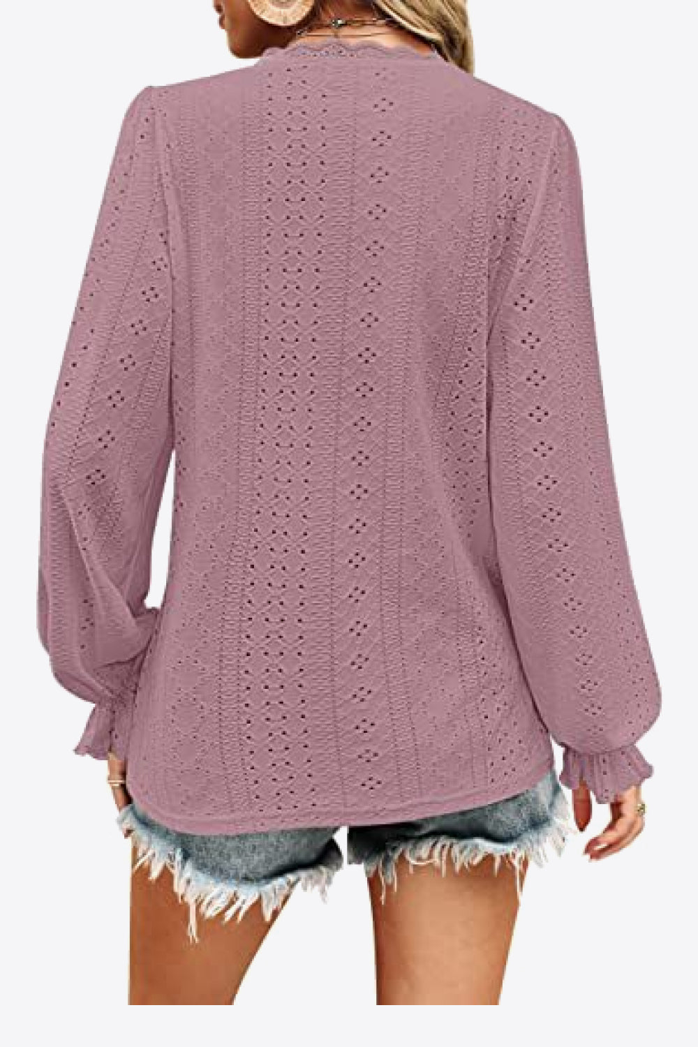 Eyelet V-Neck Flounce Sleeve Blouse Print on any thing USA/STOD clothes